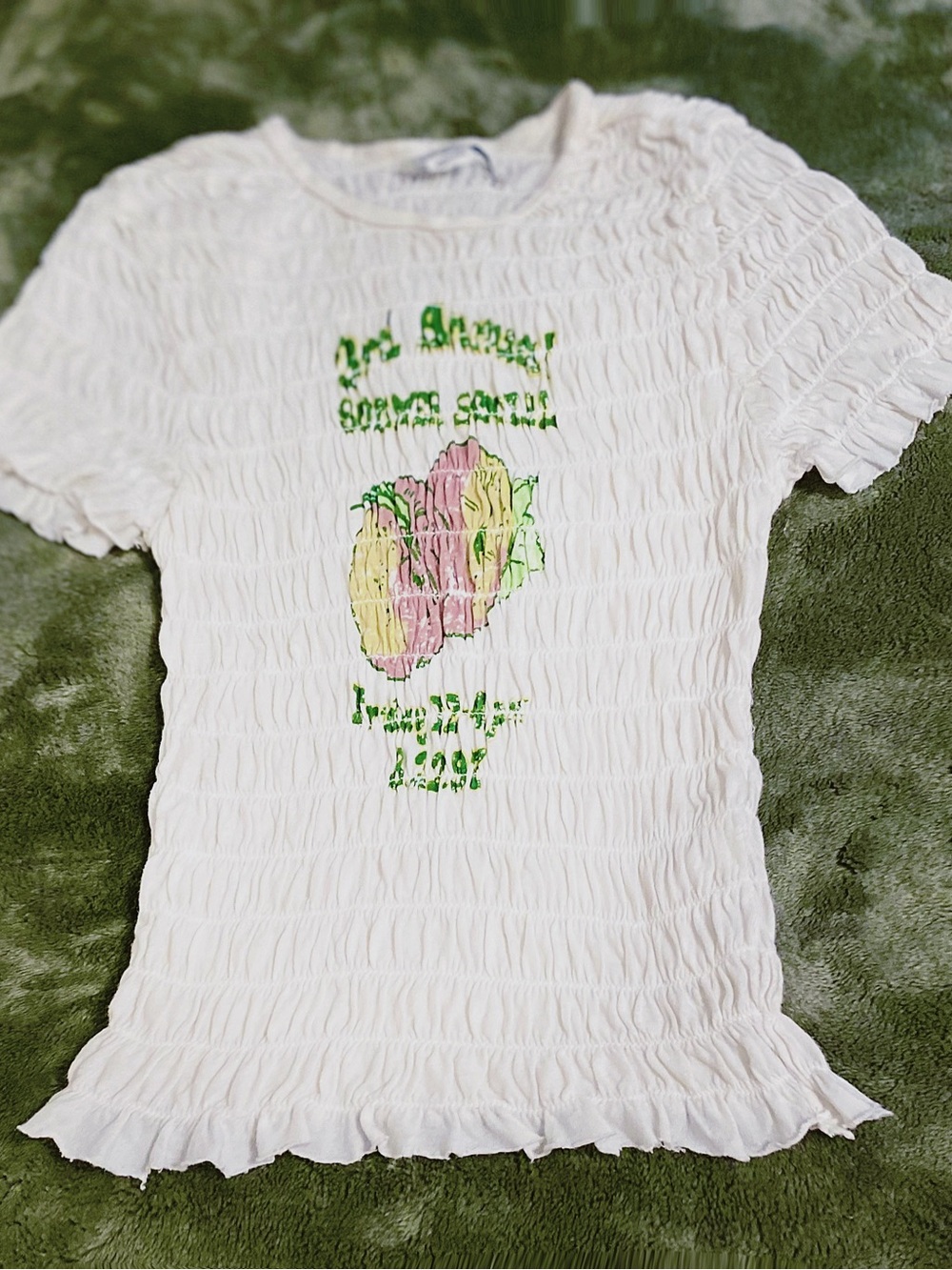 Kimchi Blue White Ruched Tee with Pastel Fruit Graphic
